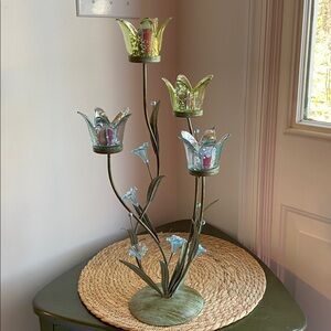 Metal with Green and Blue Mercury looking glass Floral Tea-light Candle Holder
